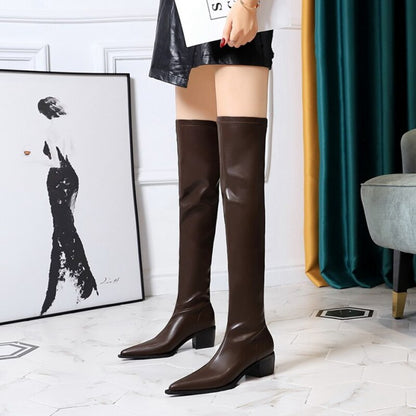 European and American Winter Fashion Simple Thick Heel High Heel Pointed Thin Leg Knee Length Women's Boots
