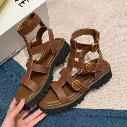 thick heels shoes woman platform sandals female buckle summer dress shoes real leather ankle boots ladies roman beach sandals