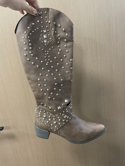 Riveted long boots thick heel middle heel riveted high heeled women's boots
