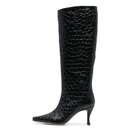 pop design autumn winter motorcycle boots shoes women print leather knee high boots sexy high heels platform riding boots woman