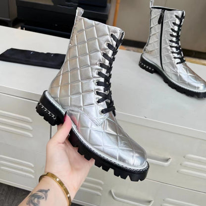 Real Leather Lace Up Woman Low Heel Boots Silvery Yellow Fashion Round Toe Thick Sole Short Boots New Autumn Winter Modern Boots
