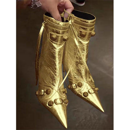 Fashion Pointed Toe Boots Women Chain Fringe Zipper Pumps Heels Soft Leather Ladies Party Ladies Shoes