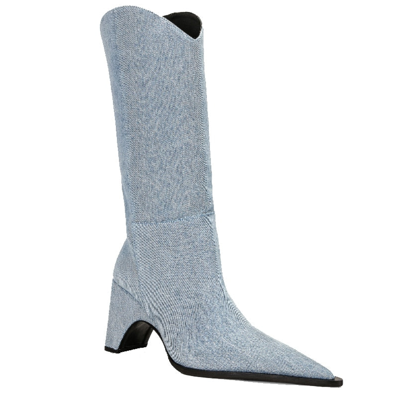 Processing time:7-15days after placing orders Autumn And Winter 2023 New Fashion Women's Boots Thick High Heel Pointed Toe Denim Knee Length Knight Boots Big Size Shoes