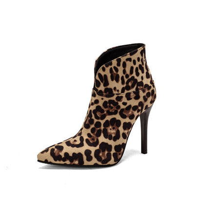 Leopard Print Women's Short Boots Pointed Toe Stiletto Simple Split Autumn And Winter