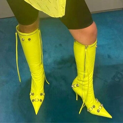 Women's Autumn and Winter Pointed Toe Metal Buckle Zipper Knee Boots Stiletto Rivet High Heels Luxury Shoes