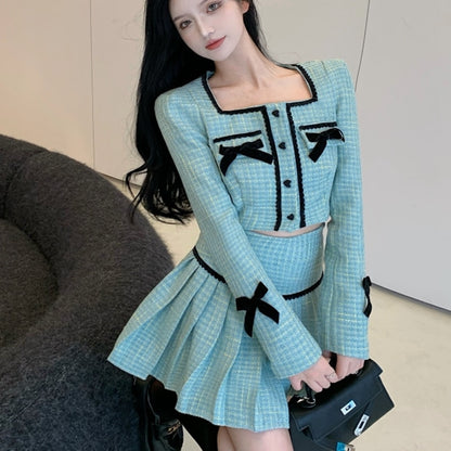 High Quality Fall Fashion Sweet Tweed 2 Piece Set Women Short Jacket Coat Crop Top + Skirts Sets Small Fragrance Two Piece Suits