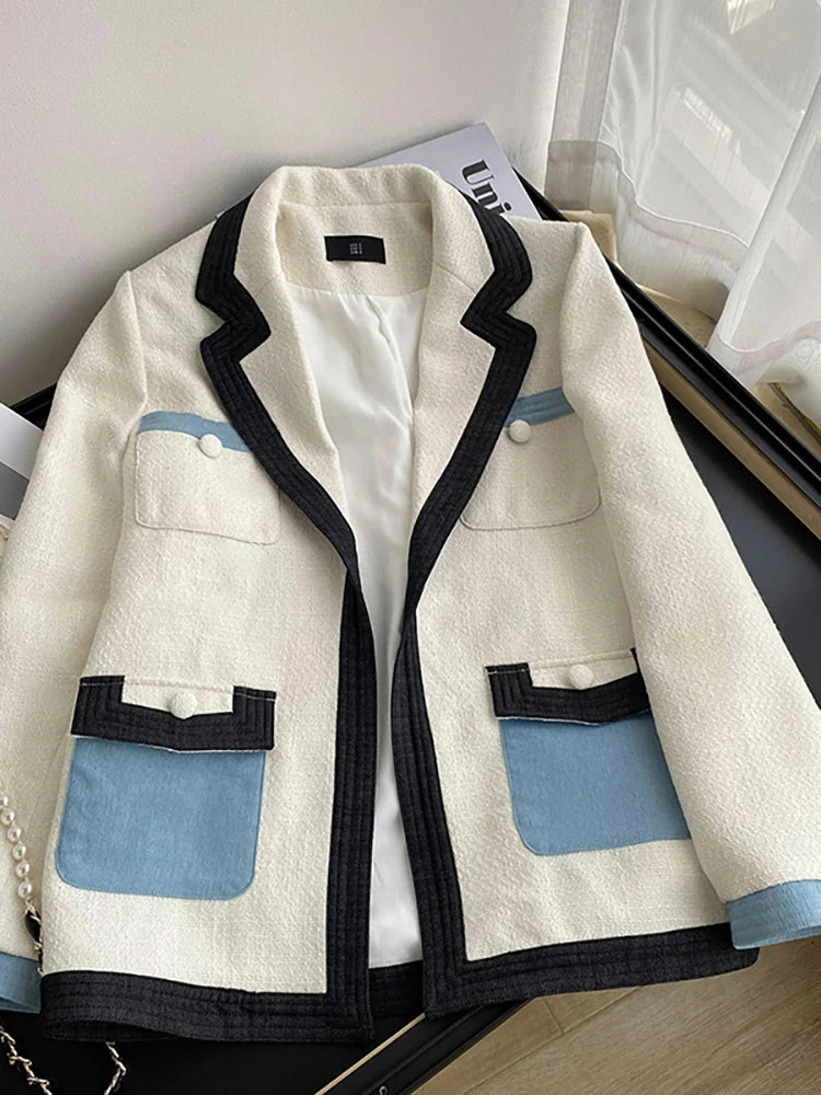 Women's Tweed Blazer Contrast Color Notched Collar Denim Pockets Loose Elegant Suit Jackets  Autumn New Fashion