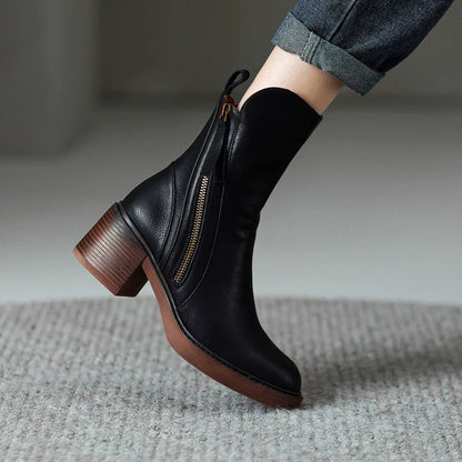 Round headed double zipper thick heel sponge bottom brown retro Martin boots for women