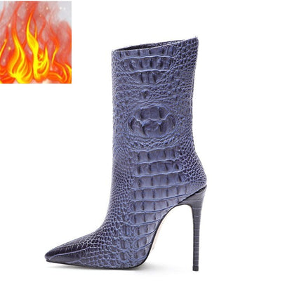 Crocodile High Heel Short Boots Large 34-45 Pointed Thin Heels and Ankle Boots Show Winter  Autumn Mid Tube Boots Women Shoes