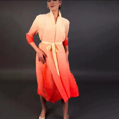 Autumn Gradient Pleated Dress Women Bandage Lapel Luxury Long Sleeve Plus Size Summer Female Elegant Clothing