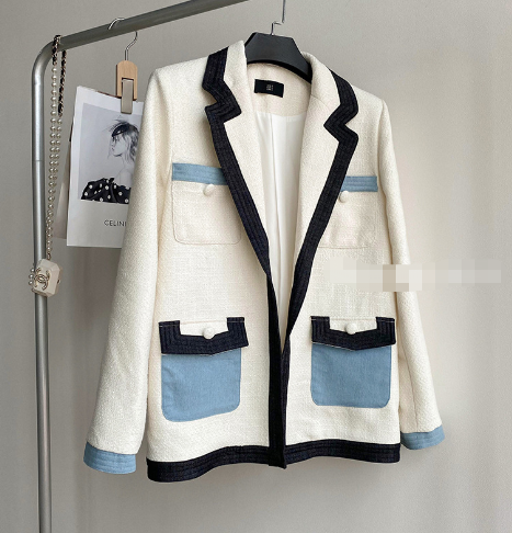 Women's Tweed Blazer Contrast Color Notched Collar Denim Pockets Loose Elegant Suit Jackets  Autumn New Fashion