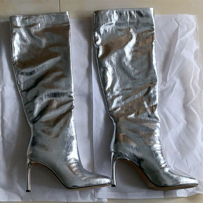 processing time:7-15 days after placing orders--Women's Autumn and Winter New Fashion Metal Decorated High Heel Boots Warm Short Fluffy High Round Head Boots.