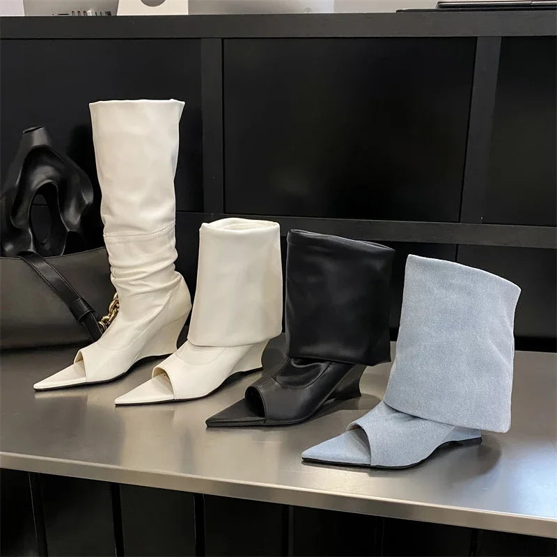 Fashion Pointed Peep Toe Women Boots Sandals Designer Knee-High Booties Wedges Heels Ladies Shoes Zapatos De Mujer