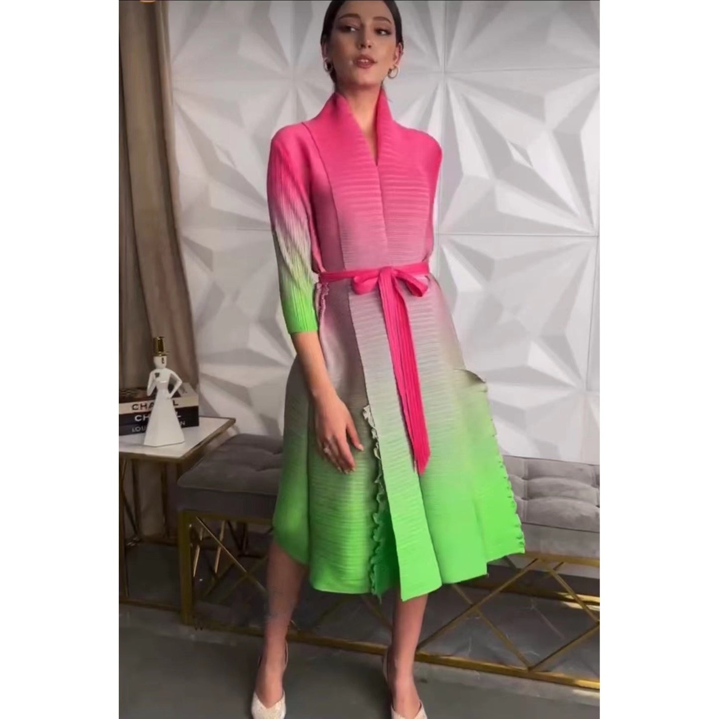 Autumn Gradient Pleated Dress Women Bandage Lapel Luxury Long Sleeve Plus Size Summer Female Elegant Clothing