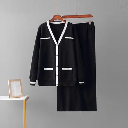 Autumn Winter New Women's Knitted Skirt Sets Fashion Pockets Cardigan V-Neck Sweaters Skirts Suits Thicken Knit Two Piece Sets