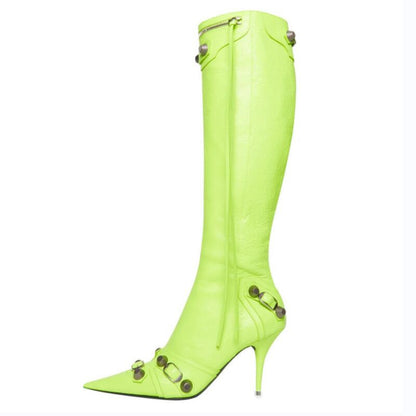 Women's Autumn and Winter Pointed Toe Metal Buckle Zipper Knee Boots Stiletto Rivet High Heels Luxury Shoes