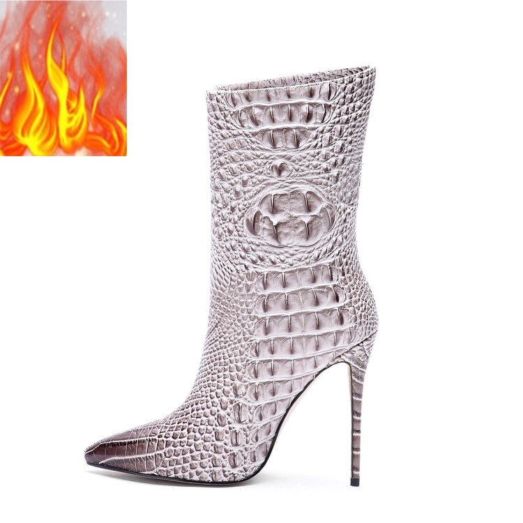 Crocodile High Heel Short Boots Large 34-45 Pointed Thin Heels and Ankle Boots Show Winter  Autumn Mid Tube Boots Women Shoes