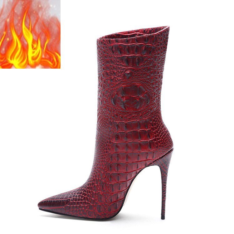 Crocodile High Heel Short Boots Large 34-45 Pointed Thin Heels and Ankle Boots Show Winter  Autumn Mid Tube Boots Women Shoes
