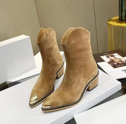 Winter Designer Shoes Women Chelsea Boots Metal Toe Back Zip Short Boots Women Pointed Toe Chunky Heel Ankle Boots Suede Leather