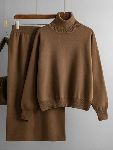 Women Loose Sweater Suits Long Sleeve Pullovers Female Knitted Midi Skirt 2 Piece Set Grey