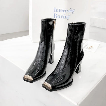 Women New Style Ankle Boots Ladies Square Toe High Heels Side Zipper Black White Thick Heel Patent Leather Winter Booties