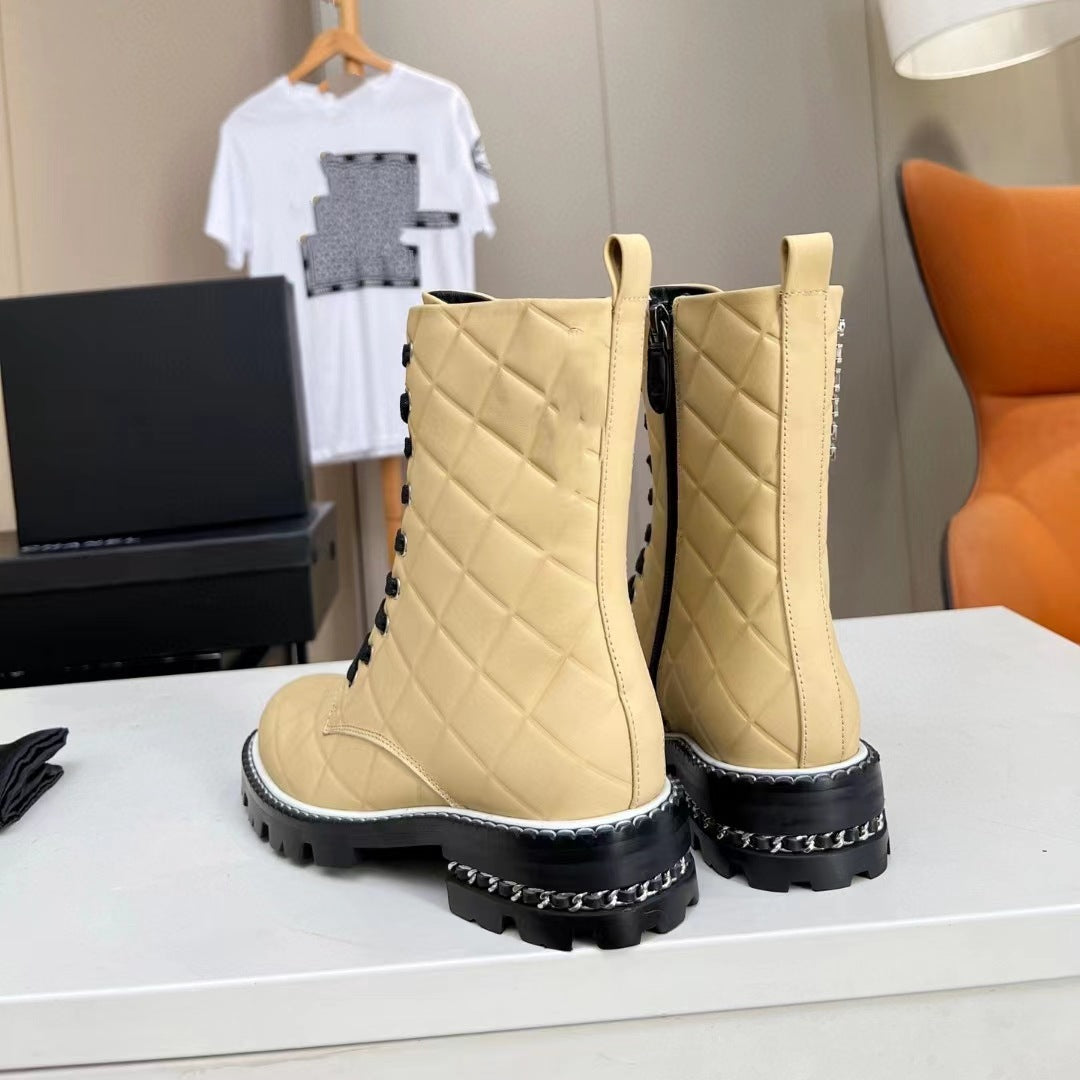 Real Leather Lace Up Woman Low Heel Boots Silvery Yellow Fashion Round Toe Thick Sole Short Boots New Autumn Winter Modern Boots