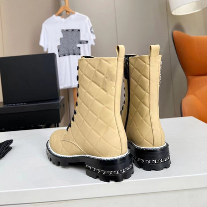 Real Leather Lace Up Woman Low Heel Boots Silvery Yellow Fashion Round Toe Thick Sole Short Boots New Autumn Winter Modern Boots