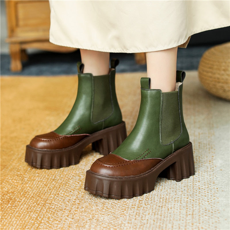 Women Thick Heels Ankle Boots Fashion Mixed Colors Genuine Leather Platforms Shoes Autumn Winter Working Casual