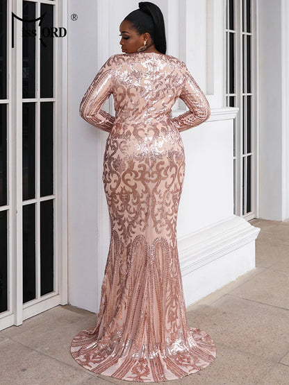 Missord Black Sequin Plus Size Party Dress Elegant Women O-neck Long Sleeve Bodycon Mermaid Prom Dresses Large Size Evening Gown