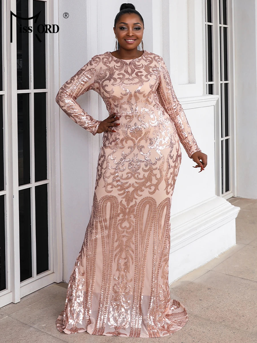 Missord Black Sequin Plus Size Party Dress Elegant Women O-neck Long Sleeve Bodycon Mermaid Prom Dresses Large Size Evening Gown