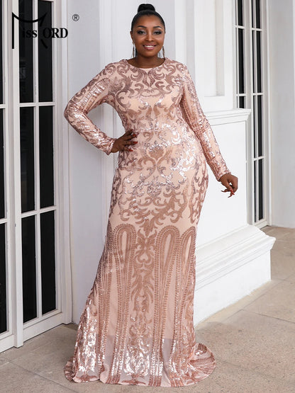 Missord Black Sequin Plus Size Party Dress Elegant Women O-neck Long Sleeve Bodycon Mermaid Prom Dresses Large Size Evening Gown