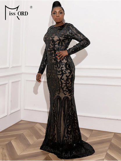 Missord Black Sequin Plus Size Party Dress Elegant Women O-neck Long Sleeve Bodycon Mermaid Prom Dresses Large Size Evening Gown