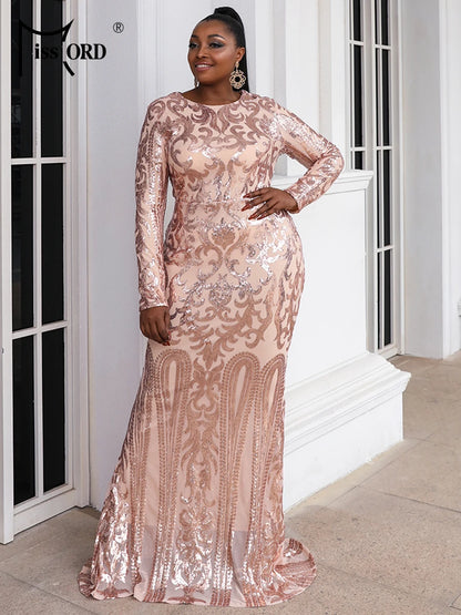 Missord Black Sequin Plus Size Party Dress Elegant Women O-neck Long Sleeve Bodycon Mermaid Prom Dresses Large Size Evening Gown